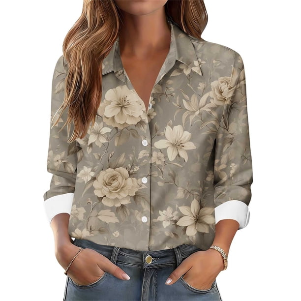 TaTaai Women's Floral Print Blouse Long Sleeve Button Down Shirt Soft Cotton Relaxed Fit Lapel Collar Tunic Top for Casual Outfit Gift