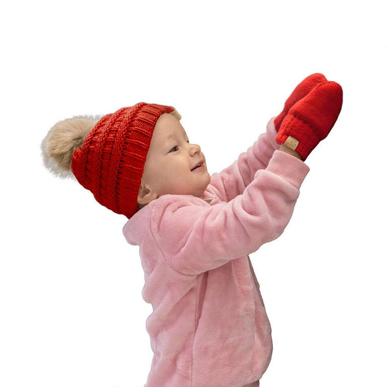 Fur Pom Mitten Faux Fuzzy and Babies\' Red Winter Set, Knit Lined C.C Cable Beanie