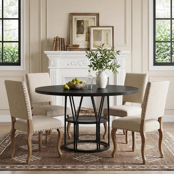 Round Dining Table for 4-6, 47 Inch Kitchen Table with Storage Shelf and Metal Frame, Modern Circle Table for Apartment, Living Room, Office