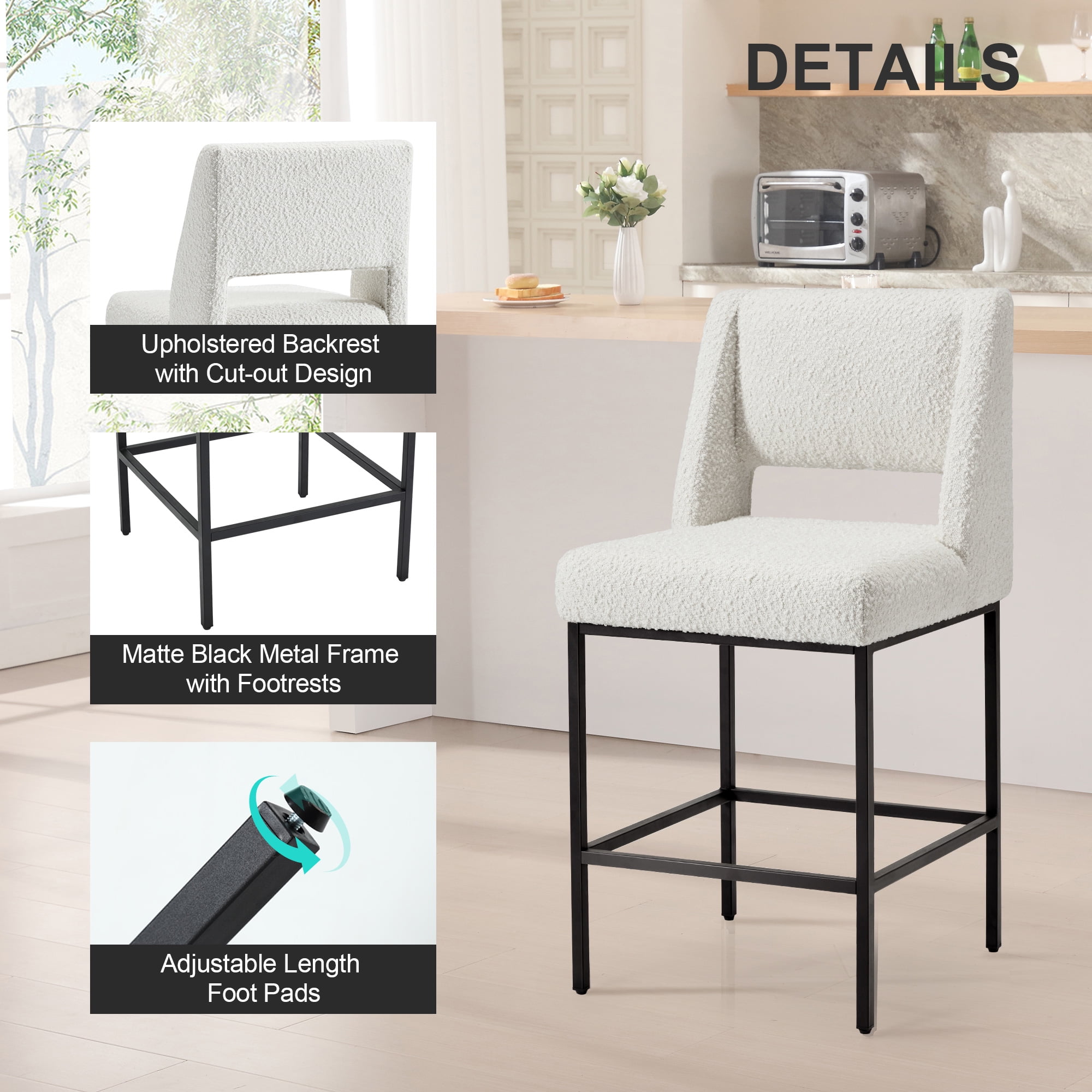 Zesthouse 26.4" Modern Counter Stools Set of 4, Boucle Fabric Bar Stools with Back and Metal Legs, Extra Thick Upholstered Counter Height Chairs for Kitchen Island, White
