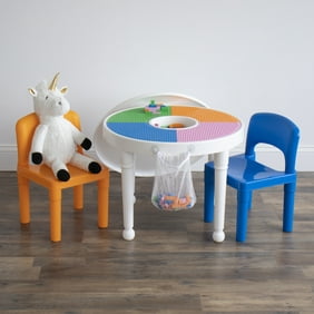Humble Crew Kids 3pc Plastic Dry-Erase Activity Table & Chair Set with 100 Building Blocks, White, Orange, Blue