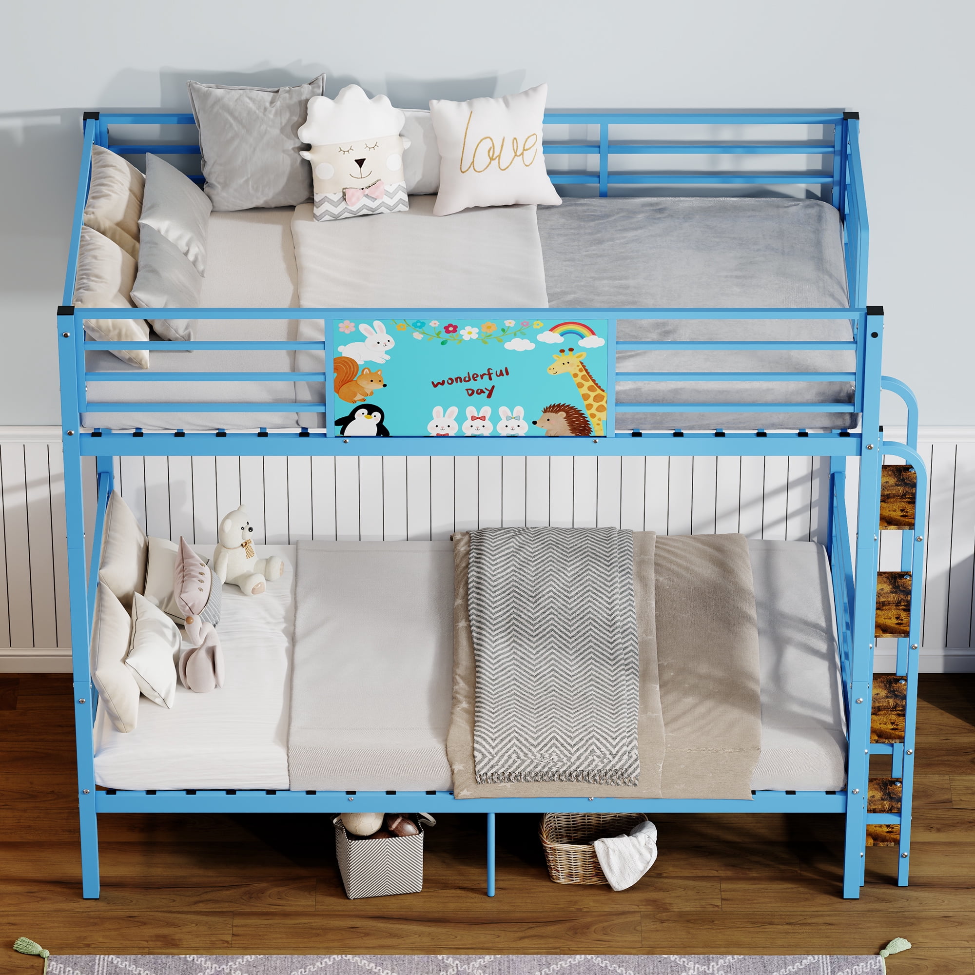 Metal Floor Bunk Bed Twin Over Twin with Ladder and Heavy Duty Slats, Space Saving Frame for Bedroom and Dorm, No Box Spring Needed, Blue