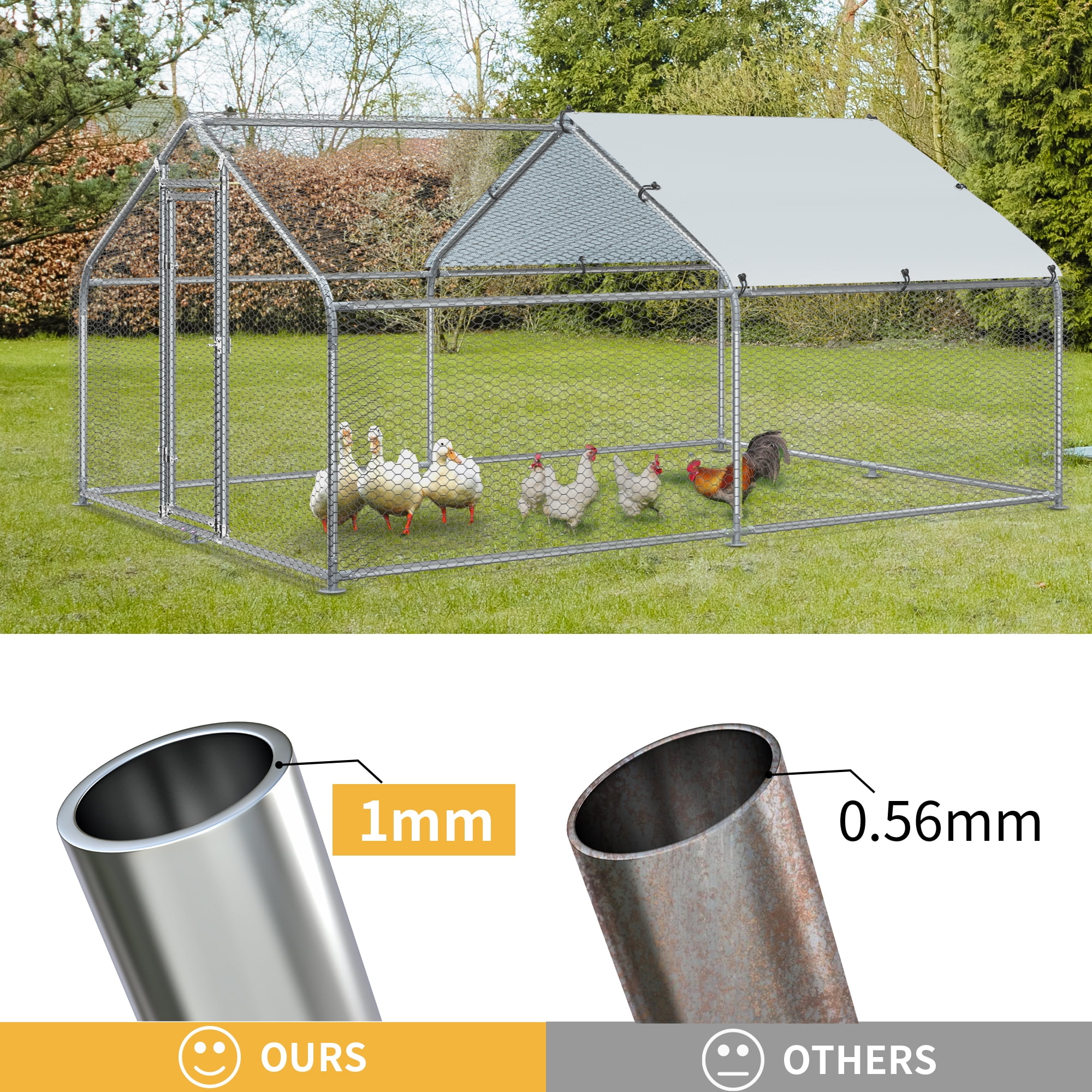 Dextrus 125 Sq.Ft Large Metal Chicken Coop, Walk in Poultry Cage Chicken Run with Waterproof and Anti-Ultraviolet Cover for Outdoor Backyard Farm,Silver