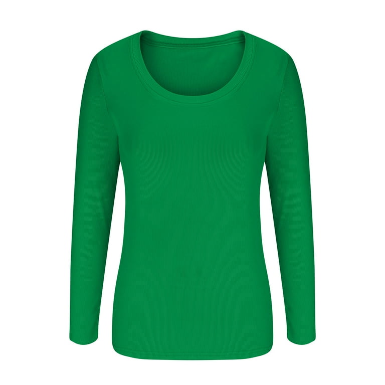 Ribbed Knit Long Sleeve Tops for Women Scoop Neck Slim Fitted