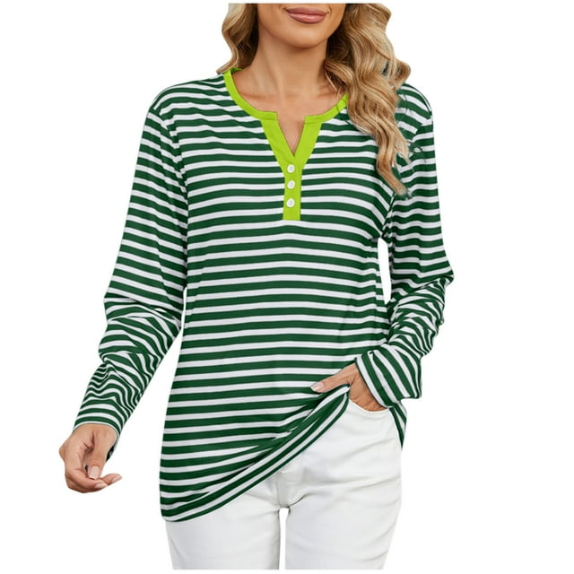 Timegard Hauts pour Femmes Rayé Col en V Cranté Mi-Long Automne Hiver Habillé Décontracté Ample Confortable Blouse