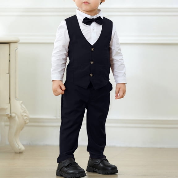Boys Formal 3 Piece Suit Set, Classic Vest Pants and Shirt Outfit for Kids, Wedding Party and School Event, Age 1-7 Years Black 100