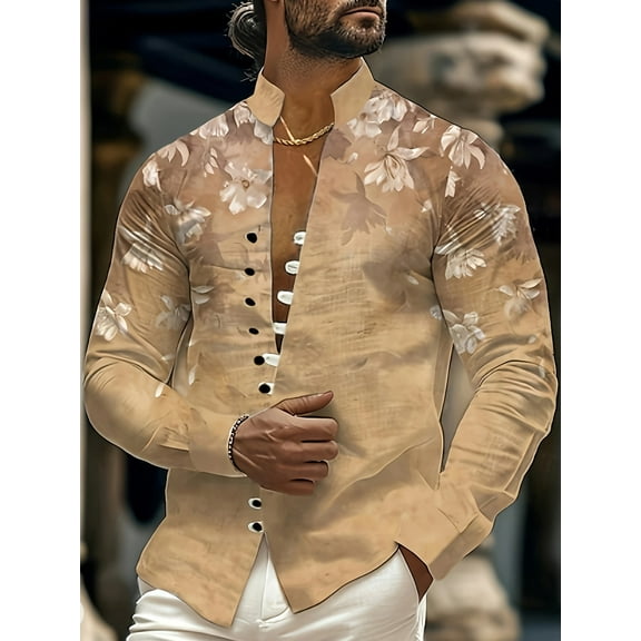 Hawaiian Shirt for Men Long Sleeves Printed Casual Button Down Summer Beach Dress Shirts Yellow XL