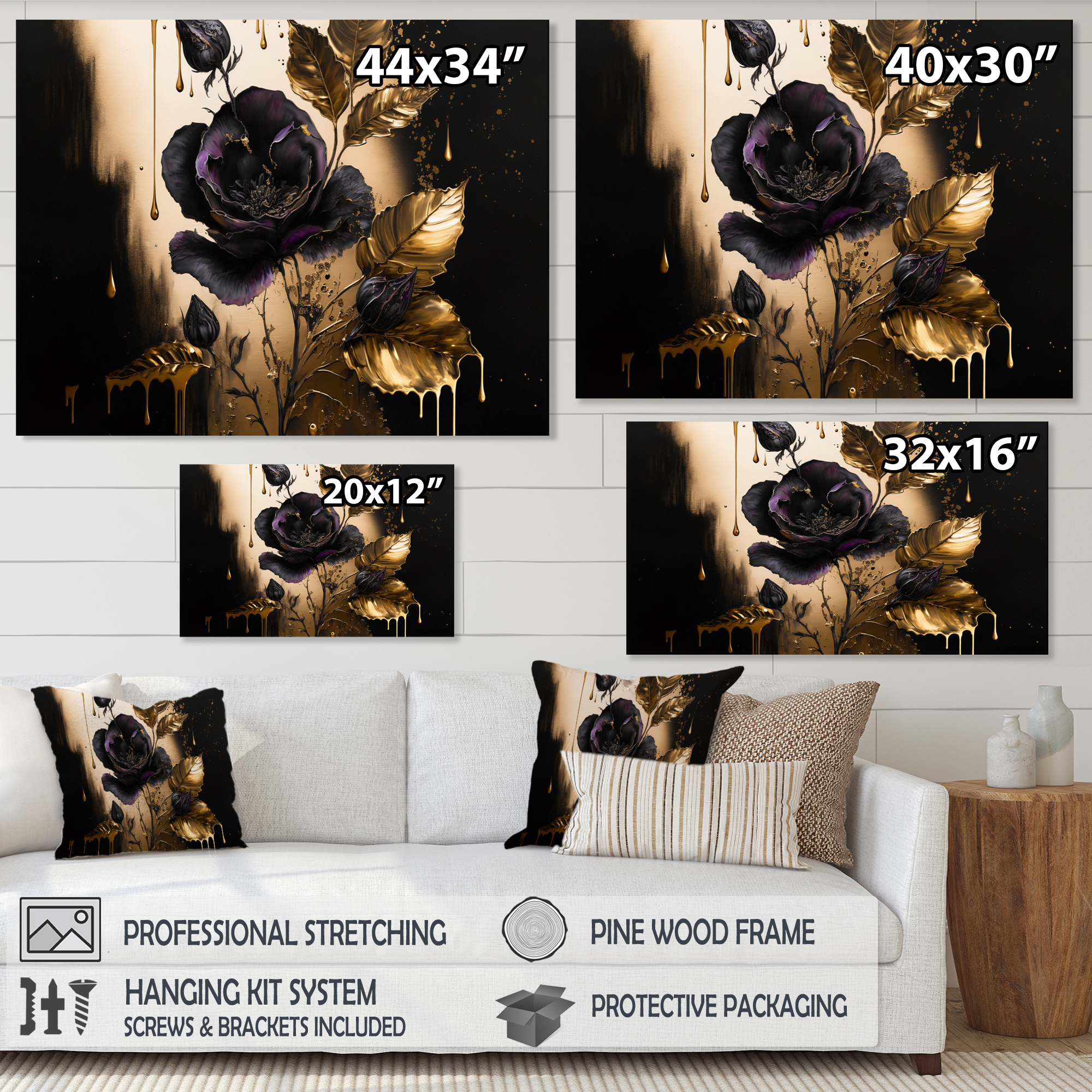 Designart Black And Gold Violets I Canvas Wall Art
