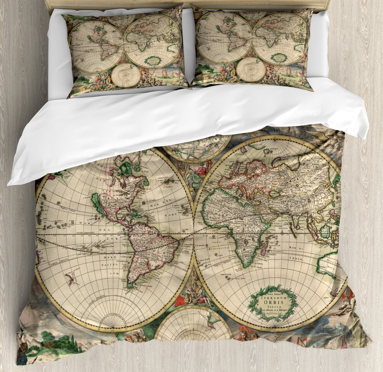 World Map Duvet Cover Set, Antique Design with Renaissance Figures 