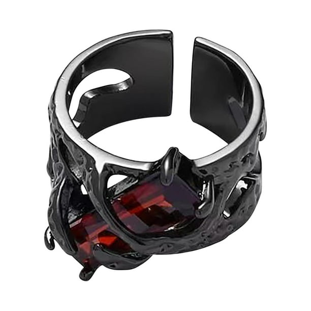 Fiudx Anillo Geométrico, Banda de Aleación Ajustable, Detalle de Piedra Preciosa Oscura, Diseño Retro de Espinas, Accesorio Unisex, para Uso Diario, Estilo Cómodo, Talla 1,6-2,0 Cm