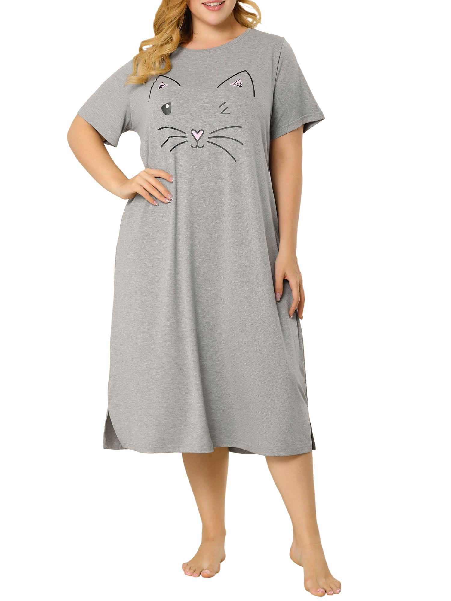 Unique Bargains Women's Plus Nightgown Short Sleeve Cat Print Nightshirt