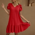 thumbnail image 2 of yillto Women's Summer Dress Puff Short Sleeve V Neck Ruffle Hem Loose Flowy Elegant Mini Dresses, 2 of 7