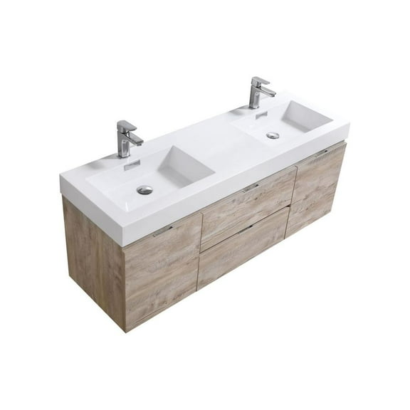 Kubebath Bliss 60" Double  Sink Nature Wood Wall Mount Modern Bathroom Vanity