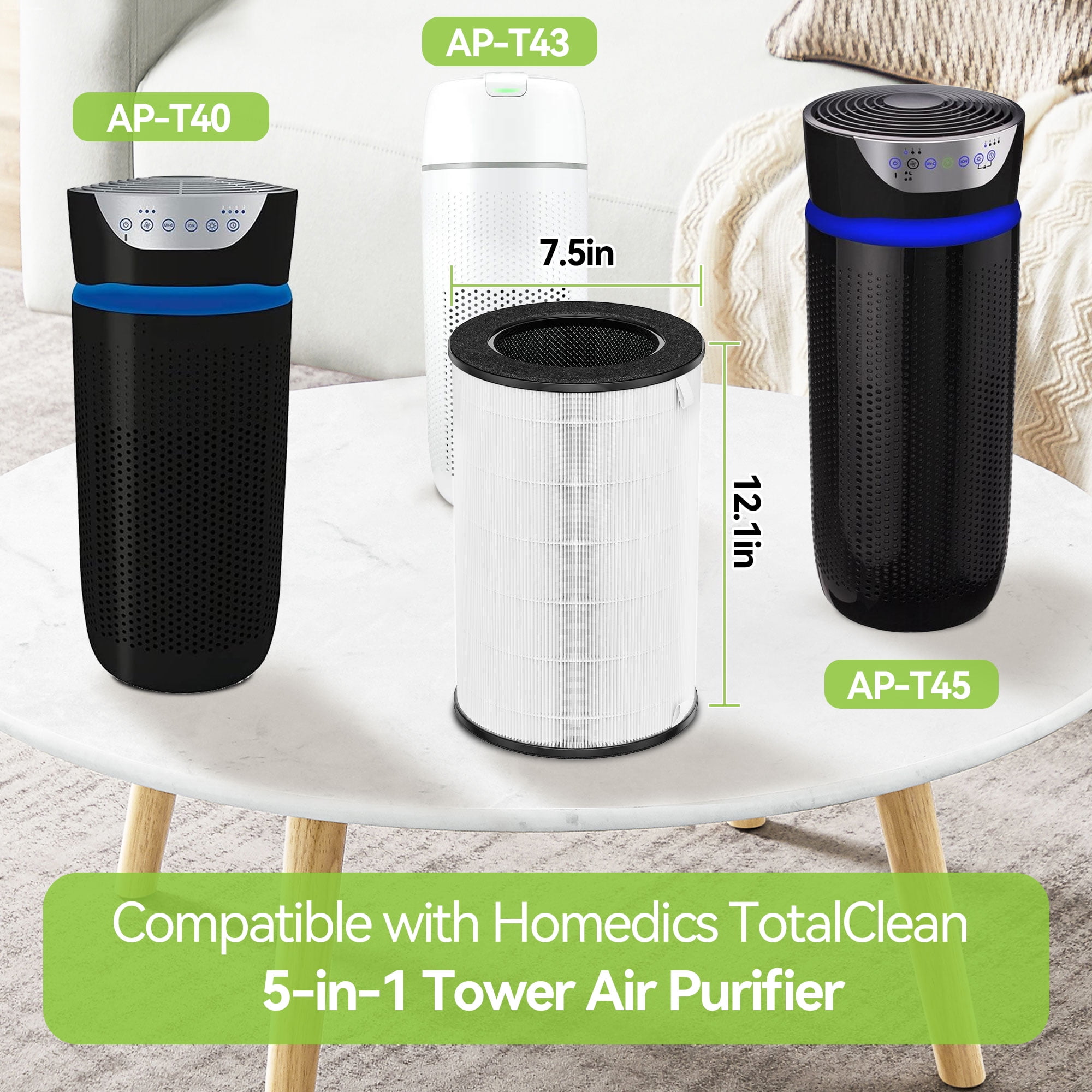 AP-T45 AP-T40FL HEPA Replacement Filter Compatible with Homedics Total Clean 5-in-1 Air Cleaner Purifier, AP-T40 AP-T45WT AP-T40WT AP-T45-BK AP-T45-WT AP-T40WTAR, White, 1 pack