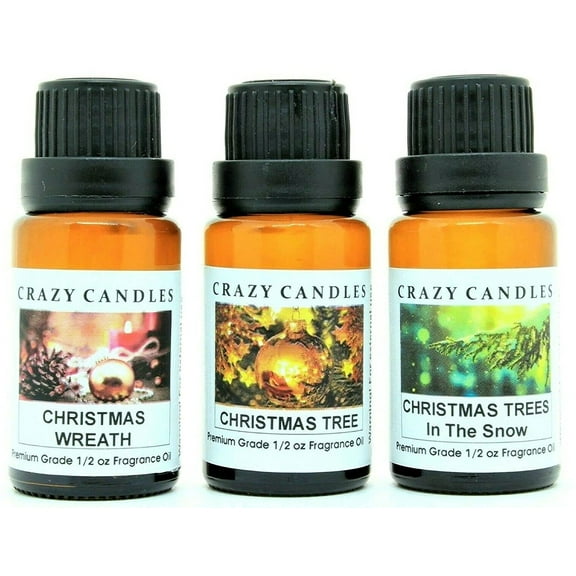Crazy Candles 3 Bottles Set, Christmas Trees in The Snow, Christmas Wreath, Christmas Tree 1/2 Fl Oz Each (15ml) Premium Grade Scented Fragrance Oils