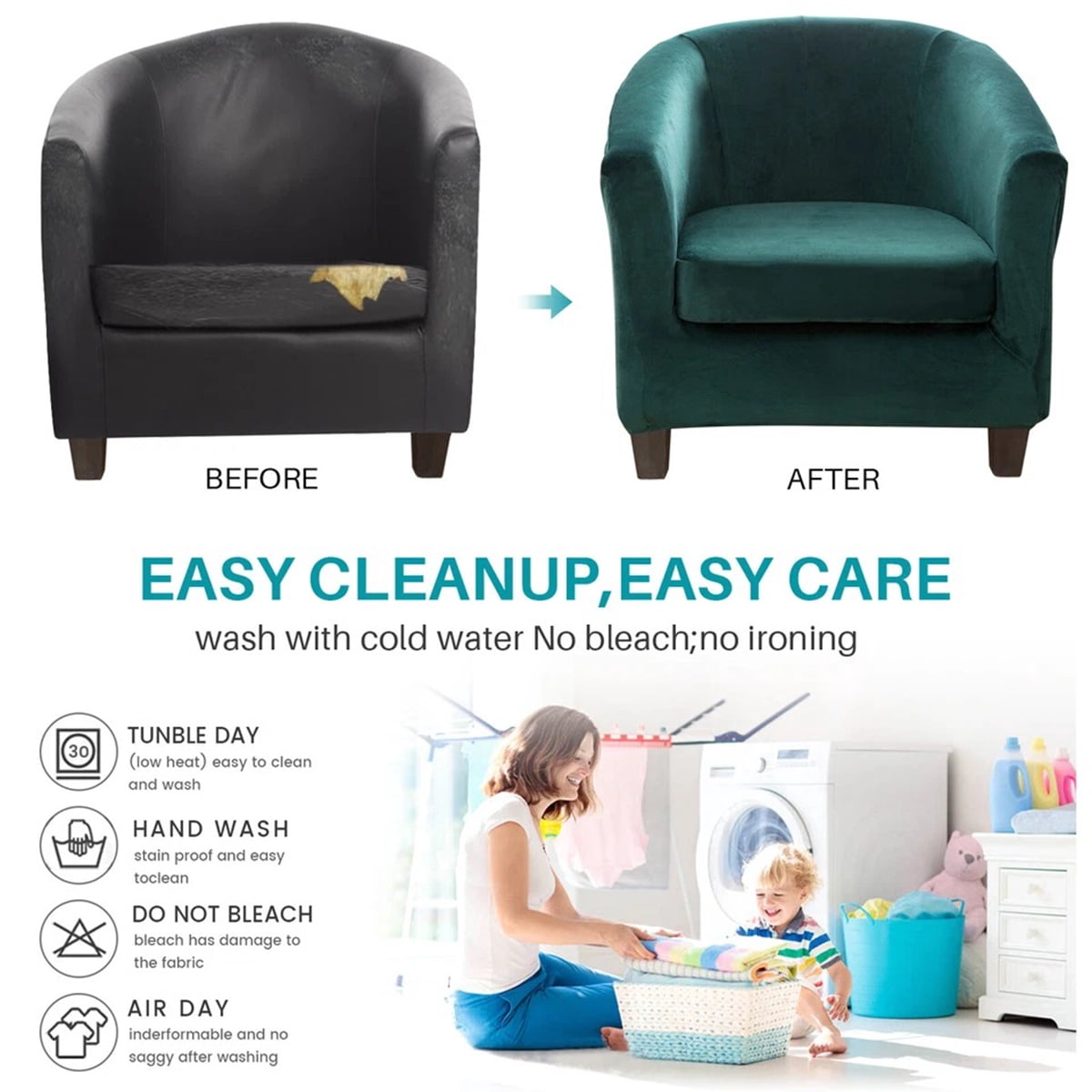 Eurhowing Stretchable Tub Chair Slipcover, 2-Piece Velvet Soft Armchair Cover with Cushion Cover, Elastic Fit Club Chair Sofa Couch Slipcover, 1-Pack, Dark Green