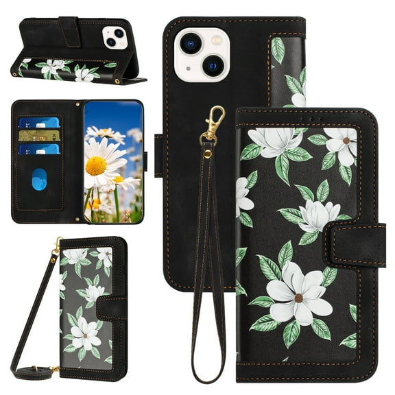 Compatible with iPhone 15 Plus Wallet Case for Women, Shoulder Strap   Wristband Premium PU Leather Floral Flip Cover with Card Holder Kickstand Feature Protective Purse Case, Black