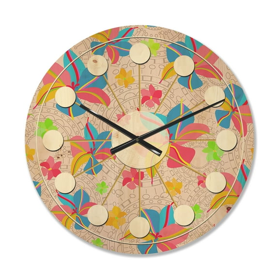 Designart 'Retro Yellow Pink Flowers' Mid-Century Modern Wood Wall Clock
