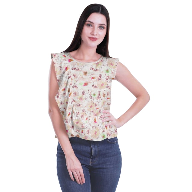 Moomaya Hauts en Jersey de Coton pour Femmes Sans Manches Imprimé Col Rond Tenue Décontractée