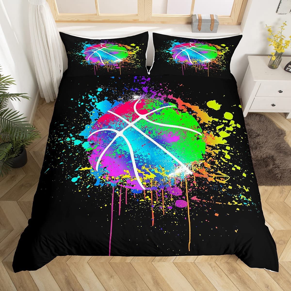 Basketball Comforter Cover Sports Bedding Set for Boys Girls Children Tie Dye 3D Ball Games Duvet Cover Room Decor Colorful Splash Ink Abstract Art Competitive Games King Size Quilt Cover 3Pcs