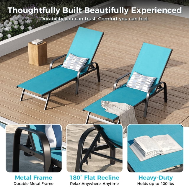 Outdoor Lounge Chair Set of 2,5-Position Adjustable Reclining Chaise Lounge Chairs with Breathable Textilene Fabric and Sturdy Metal Frame for Garden, Poolside and Balcony