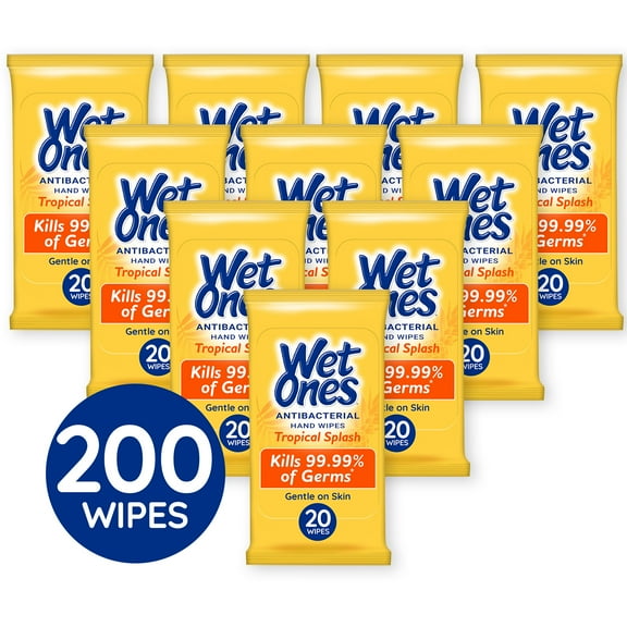 Wet Ones Antibacterial Hand Wipes, Tropical Splash Citrus, 20 Ct Pouch 10 Pack, 200 Total Wipes