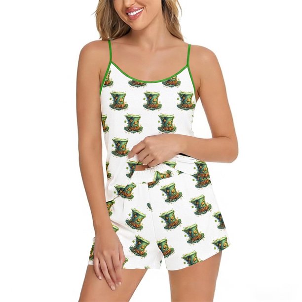 Conjunto de pantalones cortos de pijama de mujer impreso de pie cuello Sling Top con pantalones cortos de cintura estrecha suelta, pijama suave conjunto para las mujeres de uso en el hogar