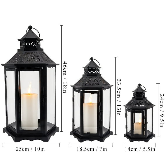 TRIROCKS Set of 3 Decorative Candle Lanterns18''&13"&10" H Hexagonal Candle Holder Vintage Metal Hanging Lantern with Tempered Glass for Garden Patio Wedding Event Indoors Outdoors(Black)