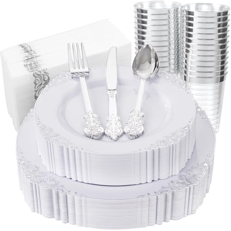 175-Piece White and Silver Disposable Dinnerware Set for 25 Guests