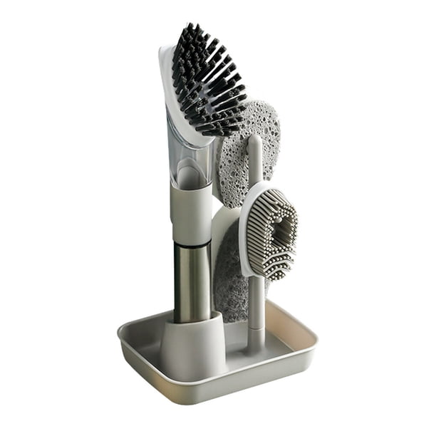 Toystoory Cepillo de esponja Limpieza extraíble Cepillos de silicona Utensilios de cocina Encimera Ergonómico Mango largo Recarga Dispensador Suministros de limpieza para el hogar gris