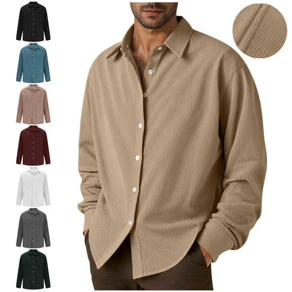 DDAPJ pyju Men's Long Sleeve Corduroy Shirts Relaxed Fit Casual Button Down Shirt Jacket Lightweight Shacket Khaki XXXL
