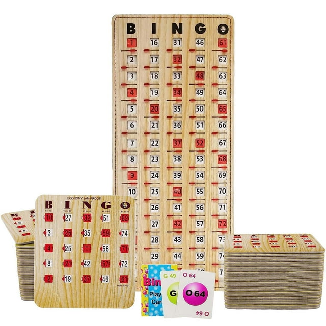 MR CHIPS Jam-Proof Bingo Cards with Sliding Windows, 50 Reusable Shutter Cards, 75 Calling Cards 1 Master Board in Tan Woodgrain Style