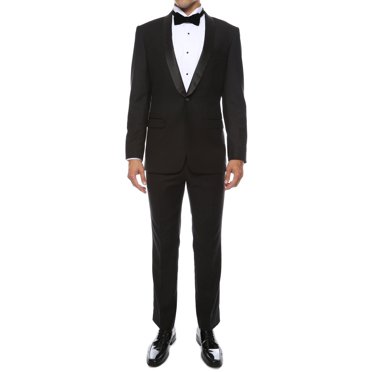 Men's Brand New Shawl Lapel 2-Button Tuxedo Suit – Black With White Details – T822