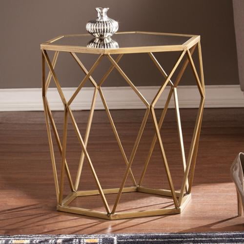 Silver Orchid Grant Antiqued Gold Mirrored Geometric Accent Table Com Silver Orchid Grant Antiqued Gold, Silver Orchid Grant Gold Tone Glass Top Coffee Table