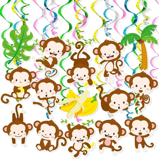 Little Monkey Hanging Swirl Banner Decor 30 Pack Green Jungle Forest Animal  Foil Ceiling Streams Garland Banner Cutouts for Kids Zoo Wile One Life Baby  Shower Birthday Party Supplies Room Wall Decor -