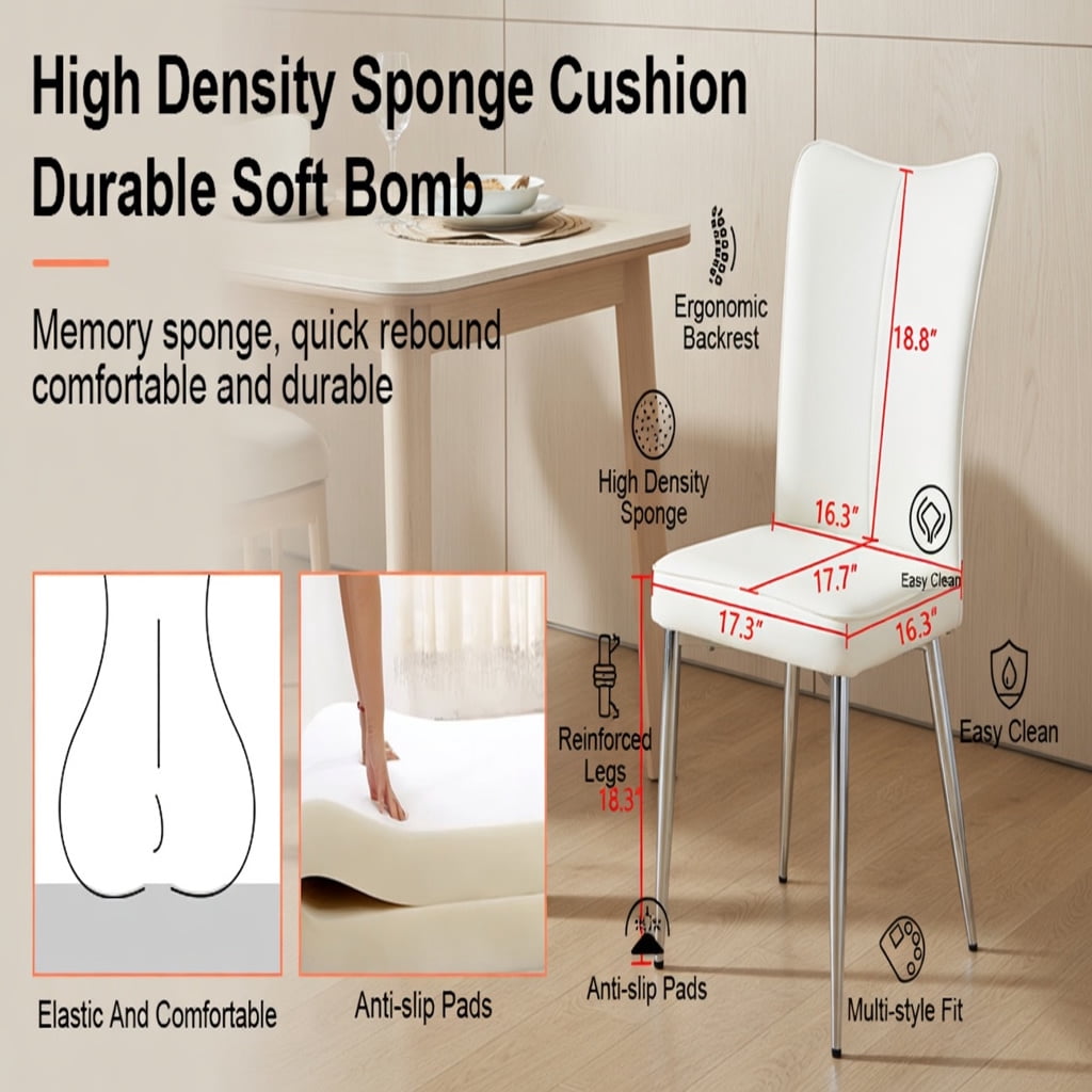 Hommoo Modern Minimalist Dining Chairs Set of 6, PU Leather with Ergonomic Curved Backrest & Electroplated Metal Legs for Kitchen, Dining Room, Living Room & Bedroom, White