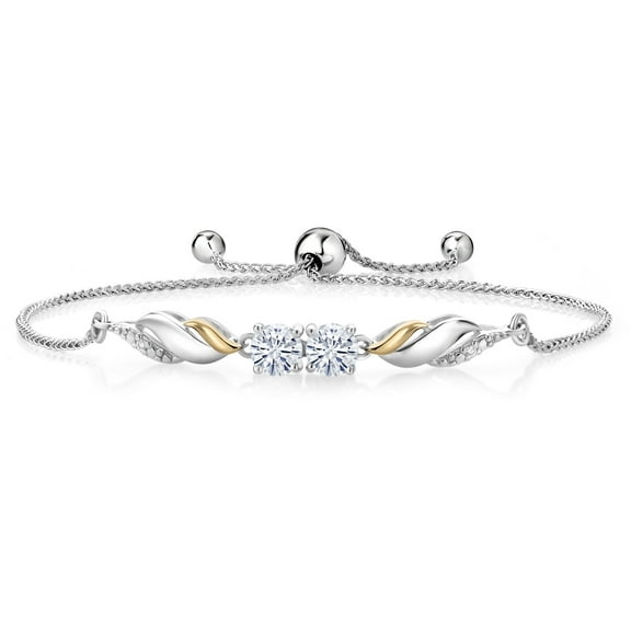Gem Stone King 925 Sterling Silver and 10K Yellow Gold White Moissanite and White Lab Grown Diamond Tennis Bracelet for Women (1.02 Cttw, Round 5MM, Fully Adjustable up to 9 inch)