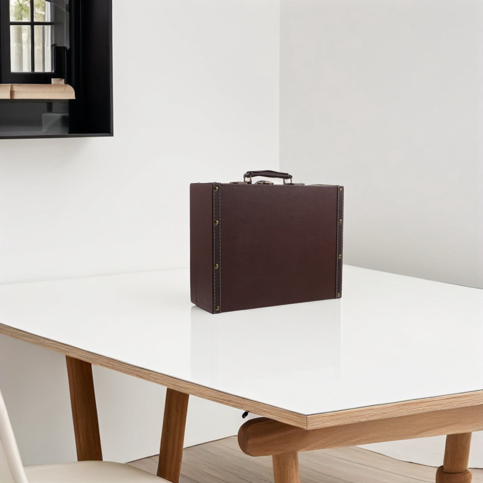 OUNONA Vintage Coffee Suitcase Photo Prop with PU Material and Portable Wooden Chest for Home Decor