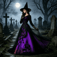 thumbnail image 2 of AoDai Gothic style long-sleeved witch dress with ghost castle print, suitable for Halloween party cosplay (all dress patterns are printed, the dress does not include a petticoat)., 2 of 6