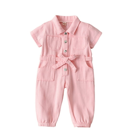 GYRATEDREAM Toddler Baby Girls Cute Denim Romper Kids Button down Belted Jumpsuit Elastic Leg Long Summer Outfits with Pockets for 2-7 Years