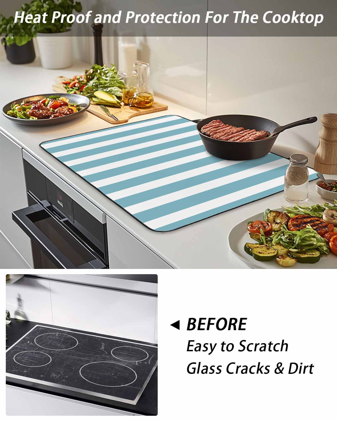 Stove Top Covers for Electric Stove, Aqua Striped Glass Stovetop Cover Protector, Modern Farmhouse Blue White Stripes Induction Cooktop Protector Oven Mat for Kitchen Countertop 28.5"x20.5"