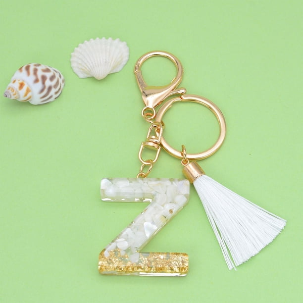 pstuiky Llavero con colgante de letra y borla blanca, colgante de cristal, llavero de moda para bolso