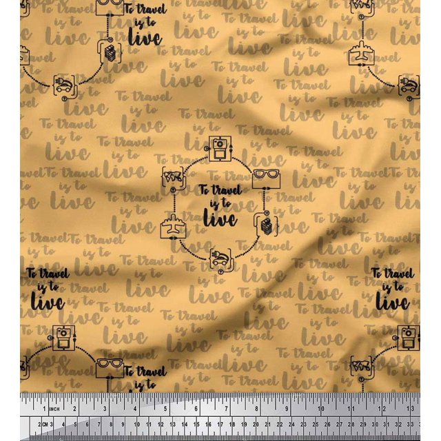 Soimoi Orange Georgette Viscose Fabric To Travel Is To Live Text Printed Fabric 1 Yard 42 Inch Wide