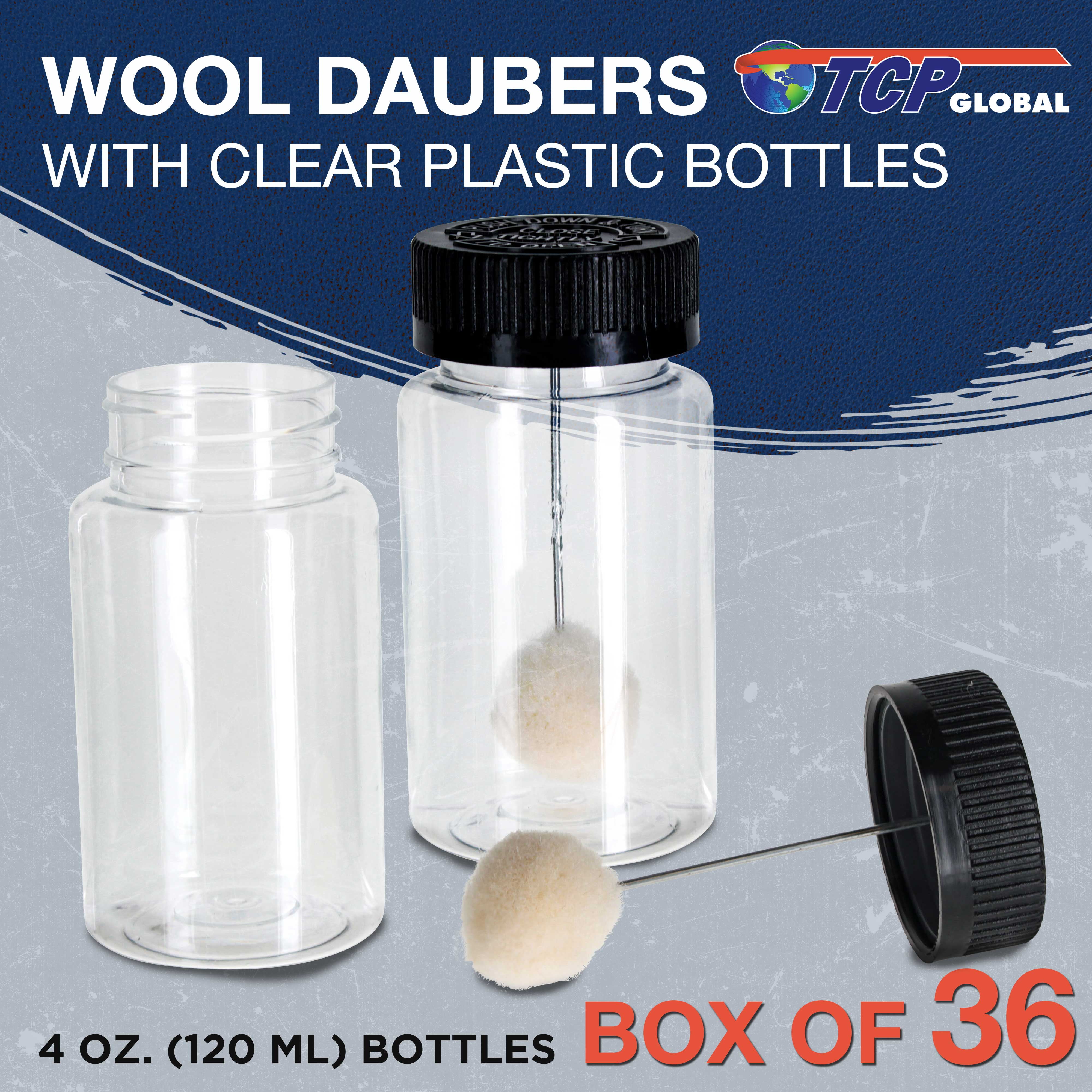 TCP Global 36-Pack Wool Daubers with Clear Plastic Bottles, 4 oz. (120 ml) - Safety Lids, Applicator Ball Brushes for Leather Dye, Dying, Painting, Gluing, DIY Arts and Crafts, Contact Cement
