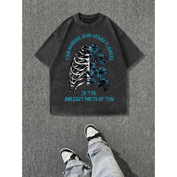 mens washed t shirt with skull and flower pattern creative print stretchy fit casual streetwear