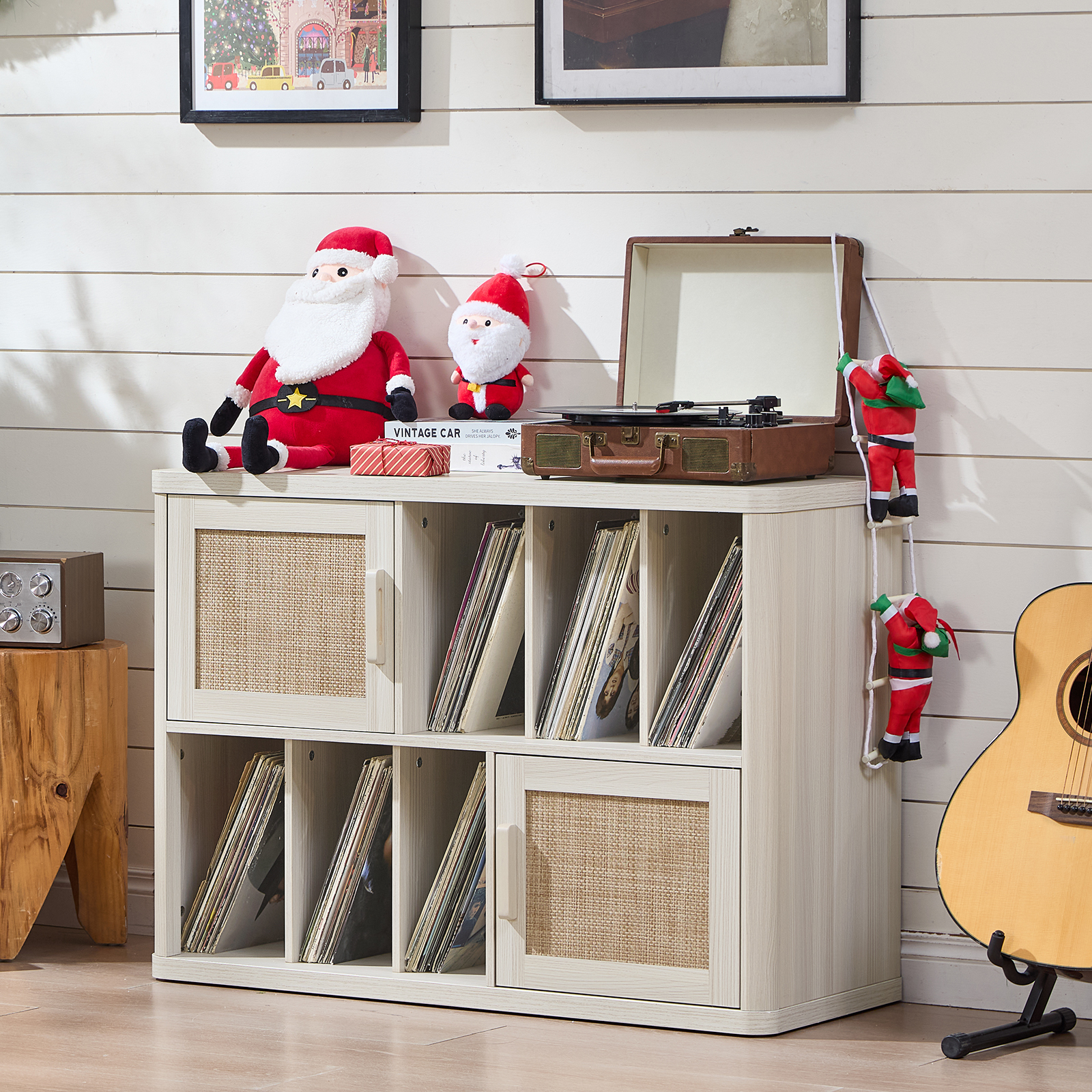 LELELINKY Rattan Record Player Stand, Large Turntables Stand with Vinyl Record Storage Holds up to 450 Albums, Record Player Table for Living Room Office, White