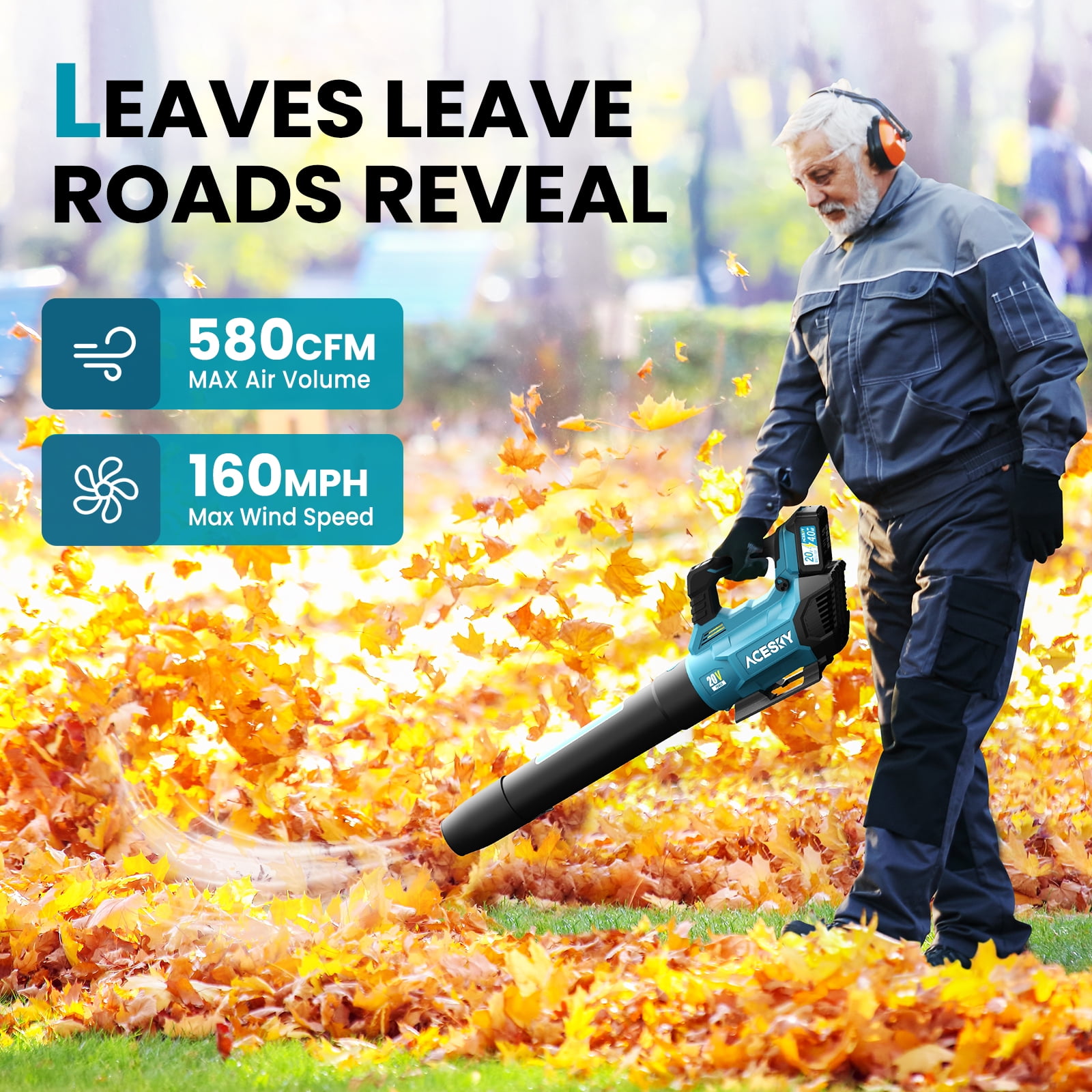 GINOST Leaf Blower Cordless, 580CFM/160MPH & 3 Speed Levels, Electric Battery-Powered Leaf Blower with 2 x 4.0Ah Batteries and Extension Nozzle, Ideal for Lawn Care, Yard Maintenance