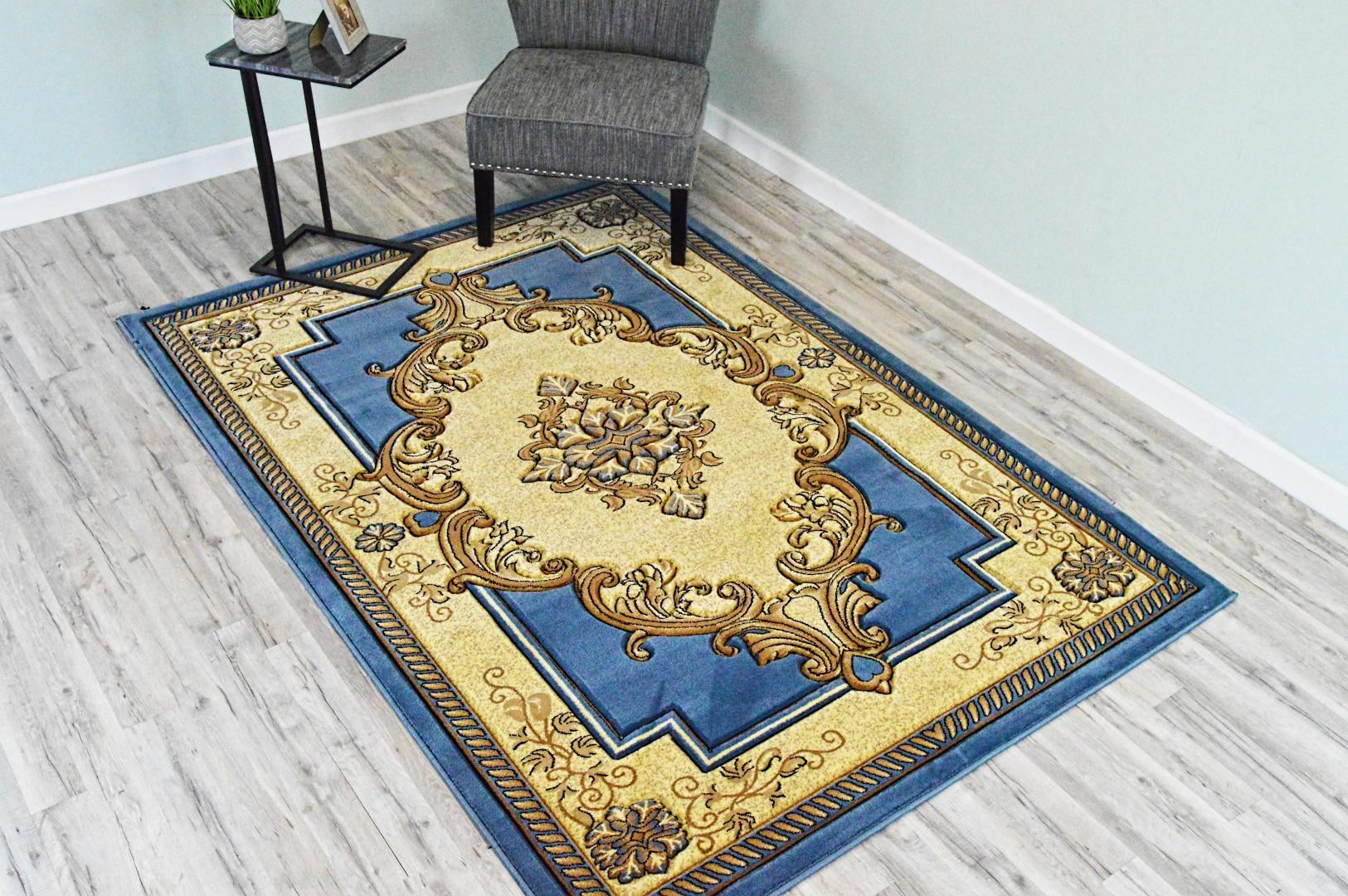 GLAMOUR 3D Hand Carved Traditional Rug Oriental Floral 4'x5'3'' Blue