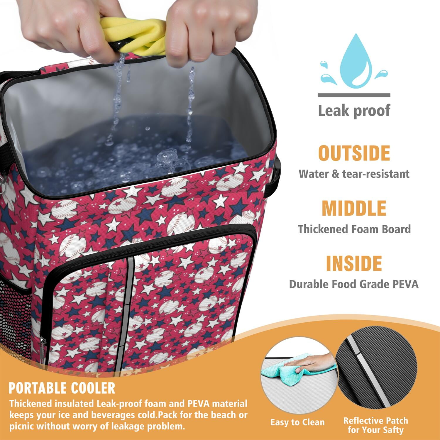 Travel Cooler Bag - Red Baseballs and Stars Pattern Camping Beer Cooler Backpack with Bottle Opener- Waterproof Insulated Picnic Backpacks - Cooler Bag for Beach