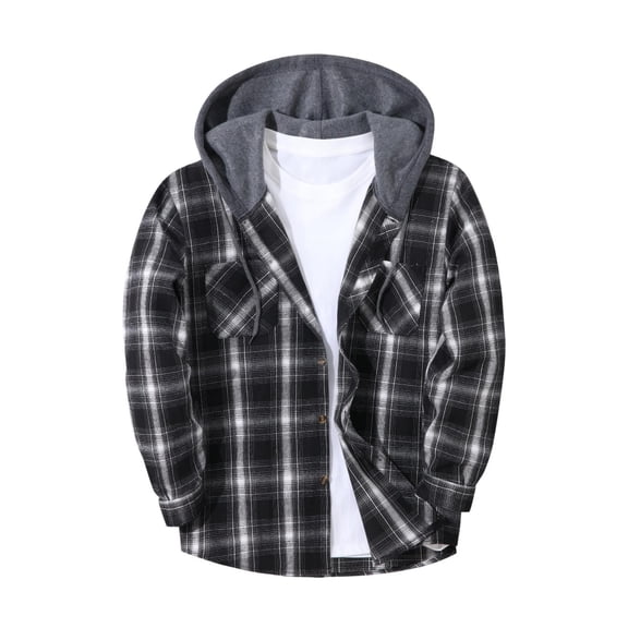 COSFO Lightweight Jackets for Men Plaid Flannel with Hood Windbreaker Fleece Long Sleeve Warm Zip up Men Coat
